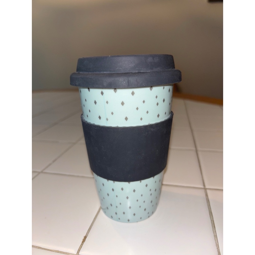 Ceramic Travel Mug Lid blue gray rubber nonslip coffee cup microwave dishwasher